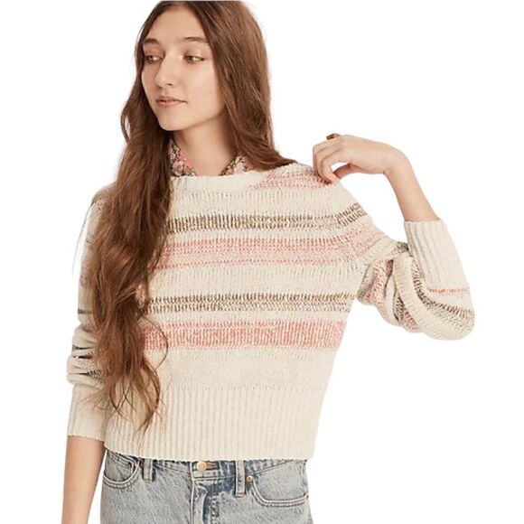 J.CREW SUPER SOFT Bouclé Crewneck Sweater in Ivory with Wide Stripes - Picture 3 of 4